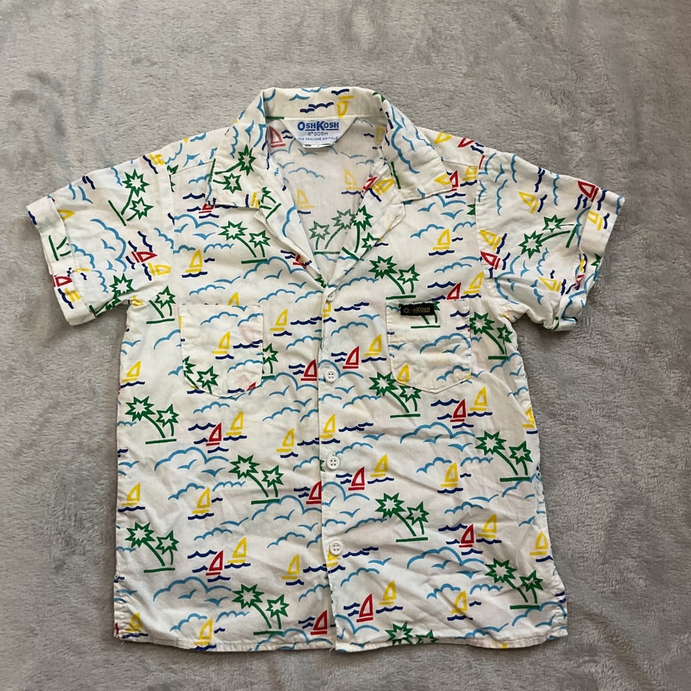 Vintage OshKosh Bgosh Kids Sailboat Palm Tree Button Up White Sz 6 USA 90s Kids